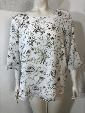 Premise Womens Medium Popover Blouse 3/4 Sleeves White Grey Black Floral Lined